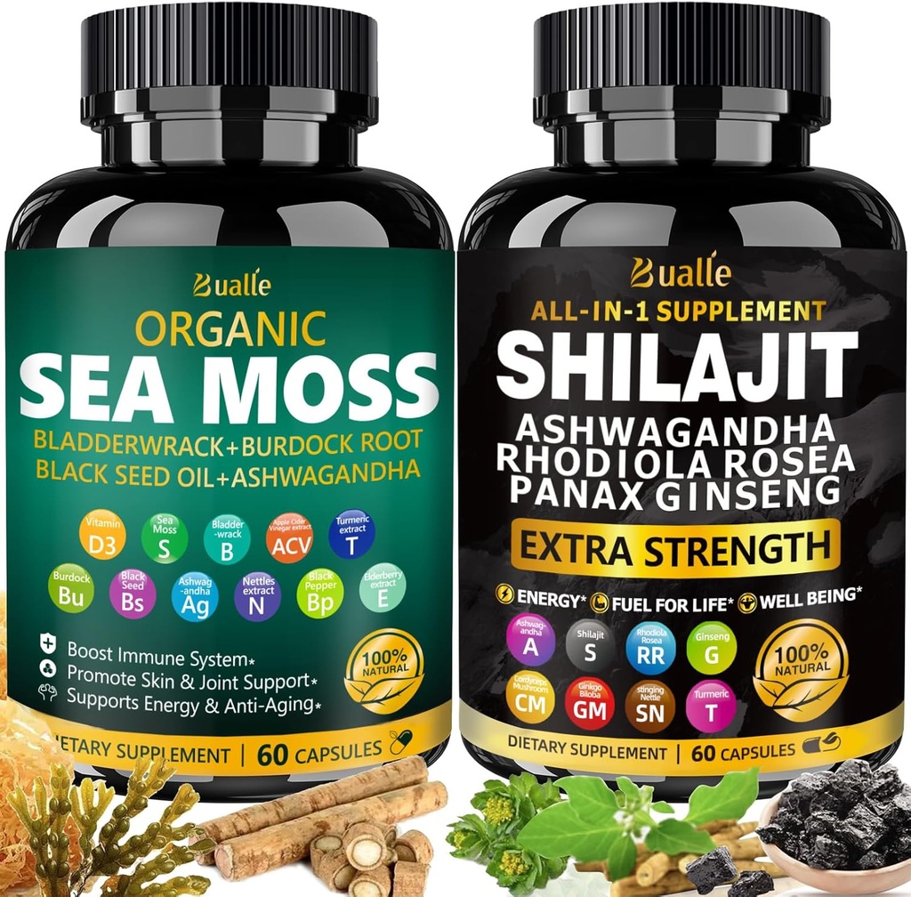Bualle Sea Moss og Shilajit Bundle- Sea Moss 300mg, Black Seed Oil 100mg, Ashwagandha 50mg, Ginger & Shilajit 300mg, Rhodiola Rosea 100mg, Panax Ginseng 50mg, Alle i 1 tillæg-USA Made (2 Pack)