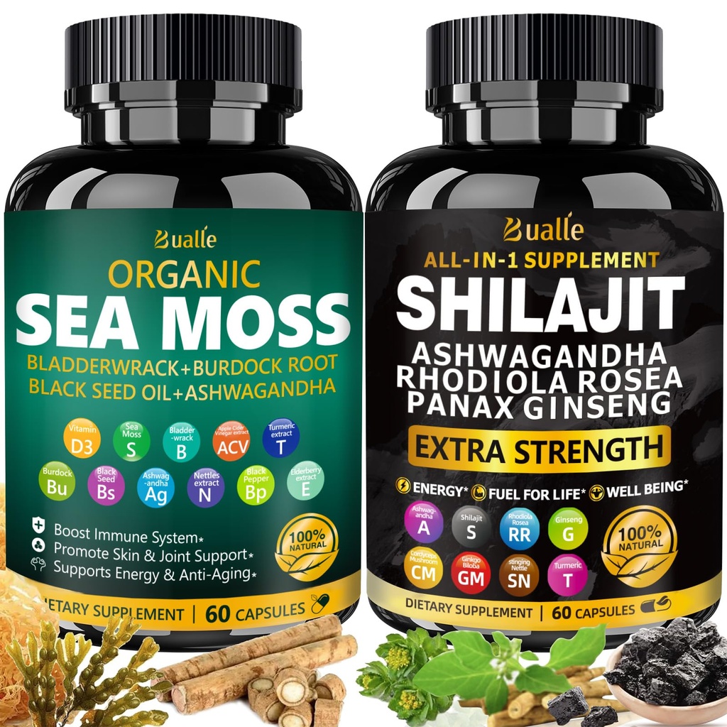 Bualle Sea Moss og Shilajit Bundle- Sea Moss 300mg, Black Seed Oil 100mg, Ashwagandha 50mg, Ginger & Shilajit 300mg, Rhodiola Rosea 100mg, Panax Ginseng 50mg, Alle i 1 tillæg-USA Made (2 Pack)
