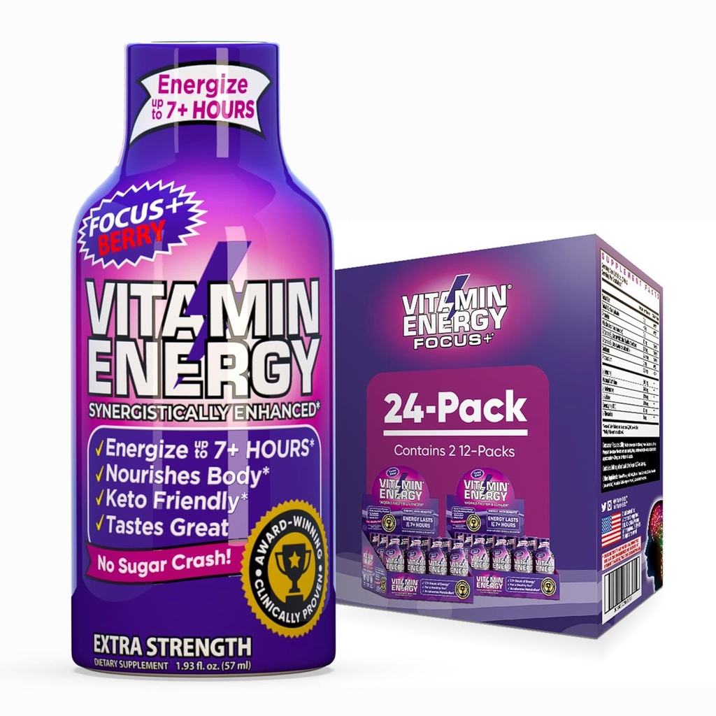 Vitamin Energy Focus + Extra Strength Energy Shot Berry 24 Pack, 260mg Natural Coffein, B- Vitamin, CoQ10, Aminosyrer, Focus, Produktivitet & Klarhed, Zero Sugar, Gluten- Free, 1,93 fl oz