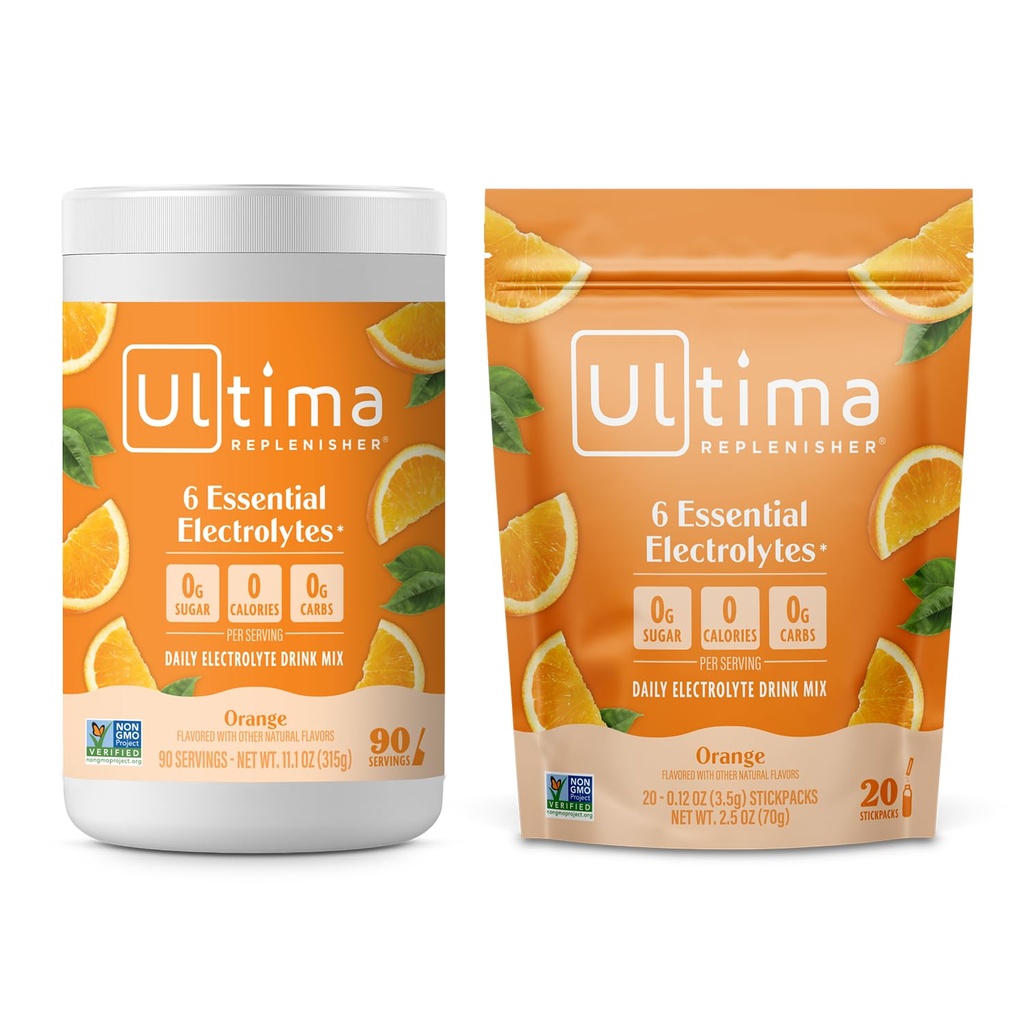 Ultima Replenisher Electrolyte Powder Drink Bundle - Sugar Free - Orange, 90 Serving Canister og 20 Stickpacks - 6 Electrolytes and Minerals - Keto Friendly, Vegan, Non- GMO