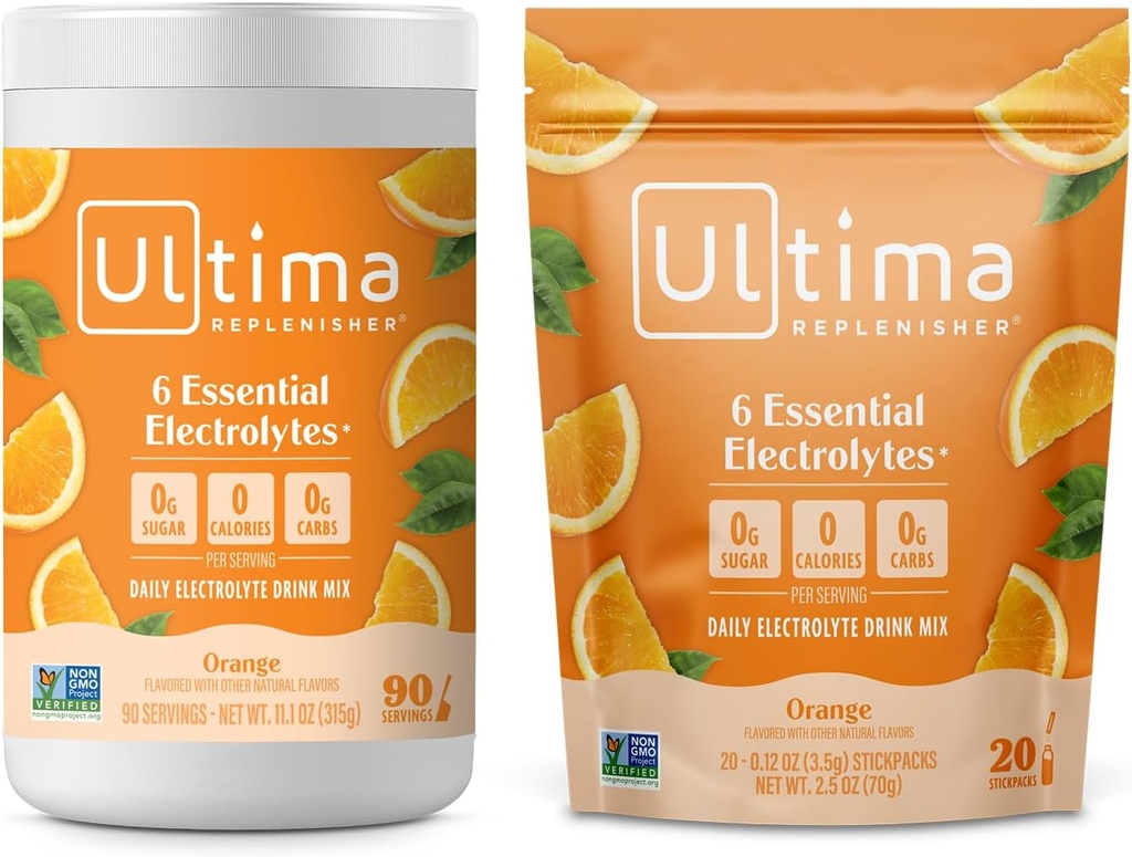 Ultima Replenisher Electrolyte Powder Drink Bundle - Sugar Free - Orange, 90 Serving Canister og 20 Stickpacks - 6 Electrolytes and Minerals - Keto Friendly, Vegan, Non- GMO