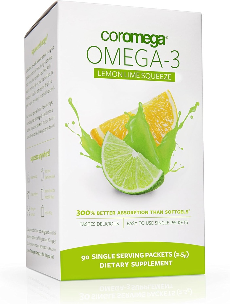 Coromega Omega 3 Fish Oil Supplement, 650mg Omega- 3s med 3X bedre Absorption End Softgel, Lemon Lime Flavor, 90 Single Serve Squeeze Pakninger