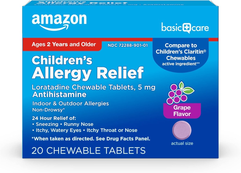 Basic Care Children 's Allergy Relief, Loratadine Chewable Tablets, 5 mg, Grape Flavored, Age 2 og op, 20 Greve