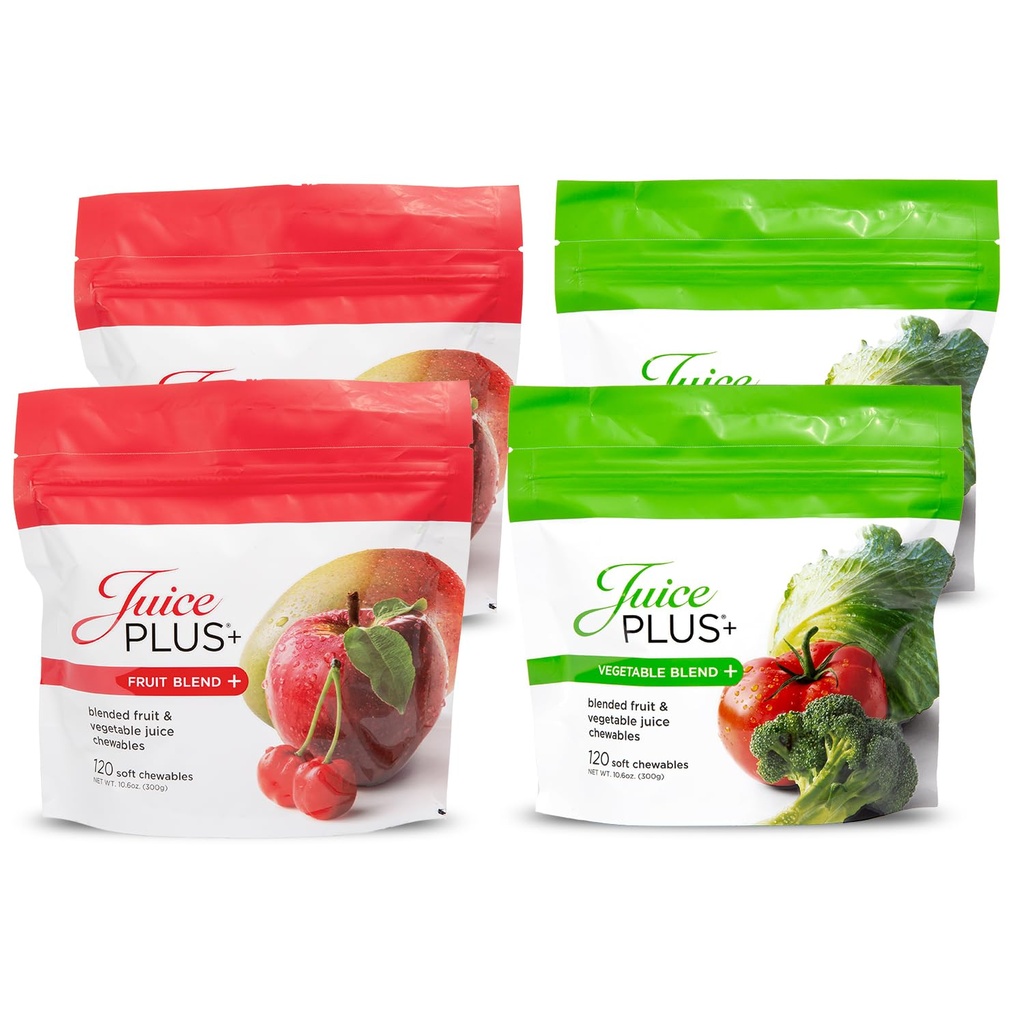 JuicePlus + Frugt & Vegetabilsk Blend Soft Chews - Tasty Vegan Fruit, Veggie Gummy Vitaminer til voksne & Børn - 4 måneder Supply 4 pakker (2 af hver smag)