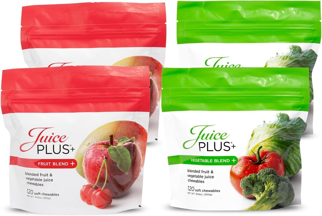 JuicePlus+ Fruit & Vegetable Blend Soft Chews - Tasty Vegan Fruit, Veggie Gummy Vitamins for Adults & Kids - 4 Month Supply 4 packs (2 of each flavor)