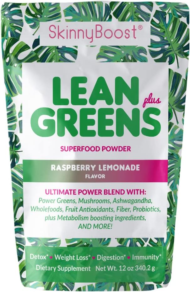 SkinnyBoost - Lean Green & Super Food Powder - Ultimate Power Blend med grøn te, Mushroom Blend, Ashwagandha, Spirulina Algae & Wholefoods - Natural Detox & Clean Energy - 30 Servere -12 Oz