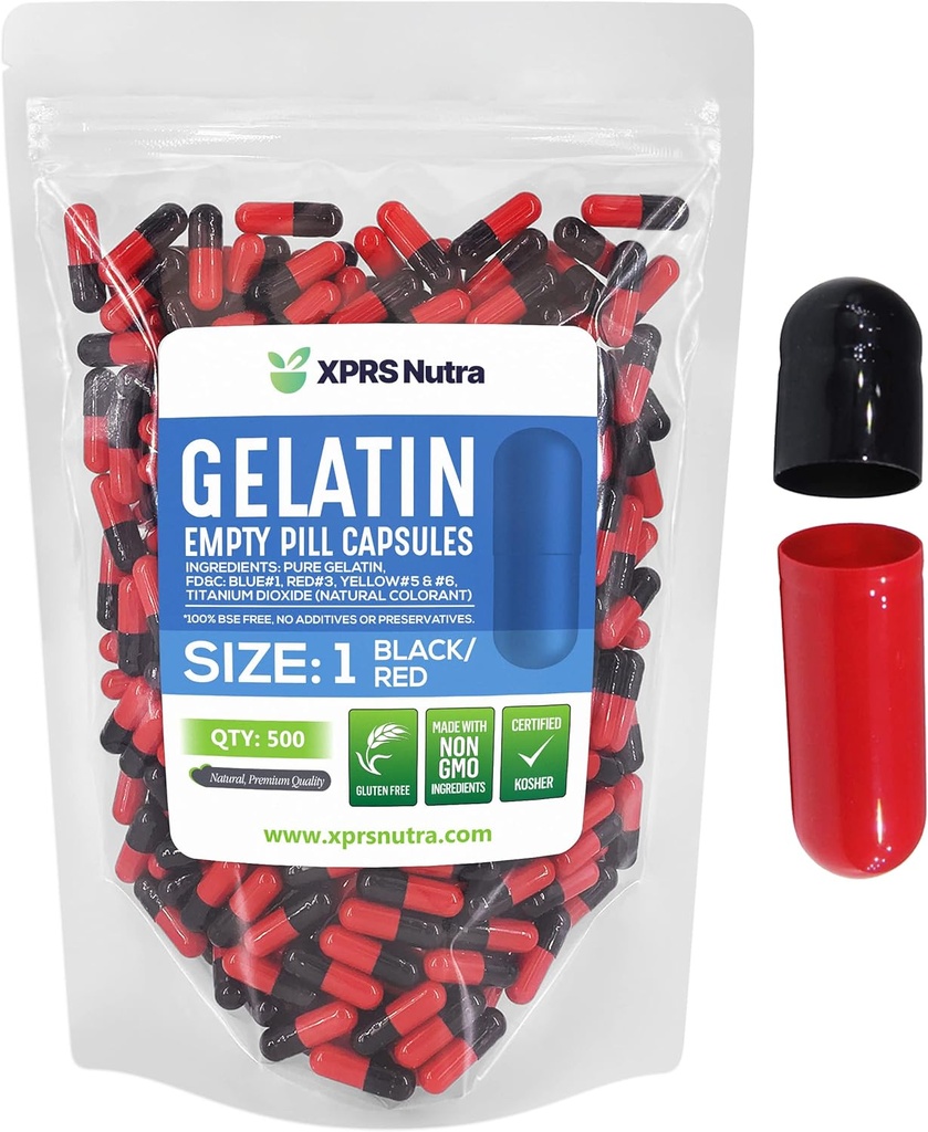 XPRS Nutra Størrelse 1 Tomme kapsler - 500 Grev Farvede Tomme Gelatine kapsler - Pill gør det supplement Kapselfyld - Fyldelig farve Gel Caps piller til Do- It- Yourself kosttilskud (sort / rød)