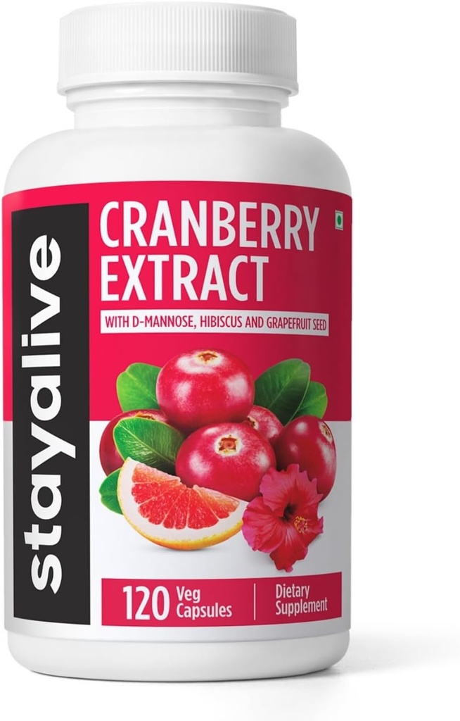 Stay ALIVE Cranberry piller til kvinder og mænd 1000mg med D- mannose, Hibiscus og Grapefrugt Seed Extract, 120 Greve, D- mannose Cranberry supplement, Vegan, Non- GMO & Gluten- Free Powder Kapsler