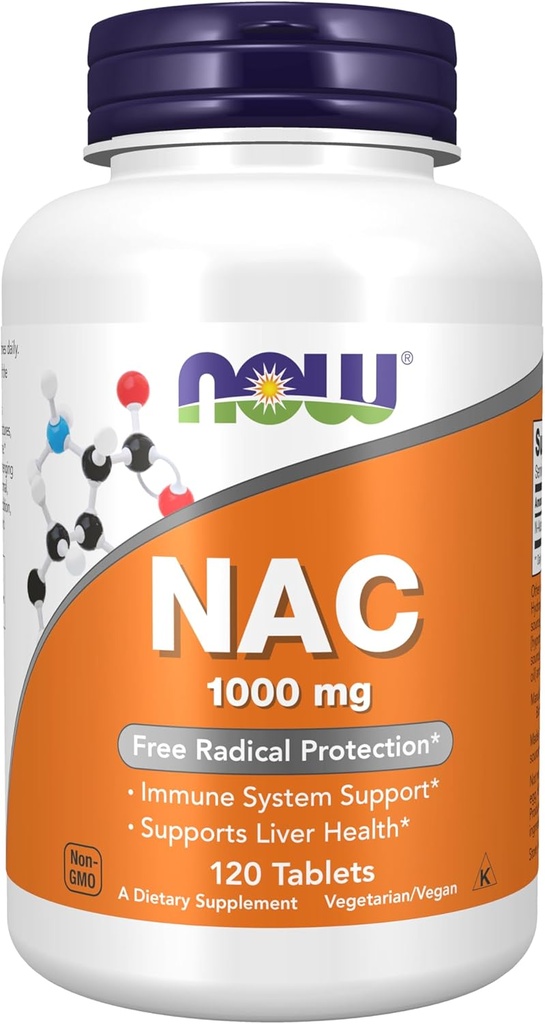 Now Foods Supplements, NAC (N- Acetyl- Cystein) 1000 mg, Free Radical Protection *, 120 tabletter