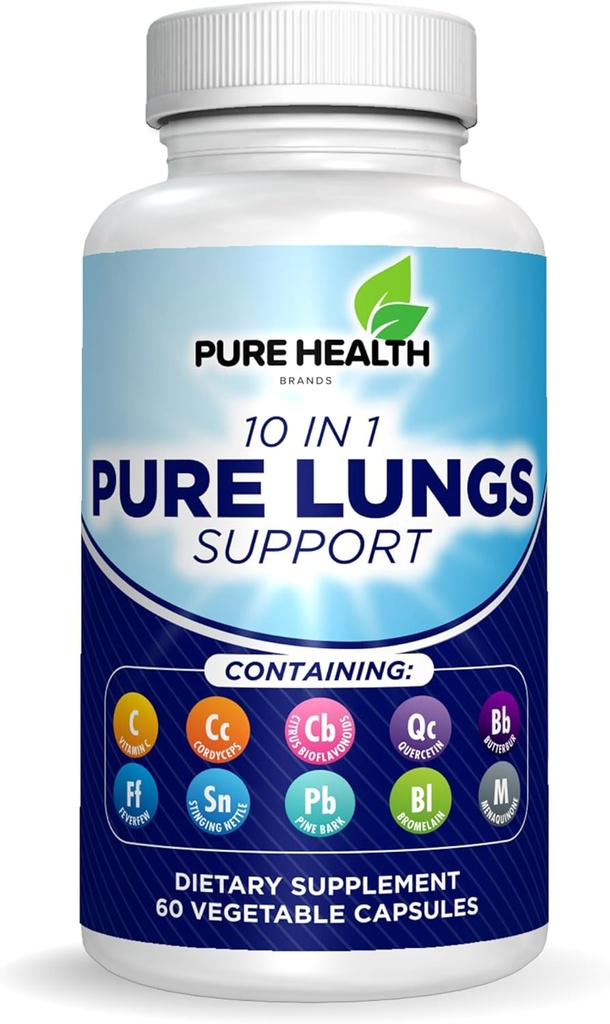 Pure Lungs Support - 10- in-1 Lung Cleanse & Detox supplement til rygere og åndedrætsværn - med Quercetin, NAC, Cordyceps, Pine Bark, C-vitamin & Butterbur - 60 kapsler