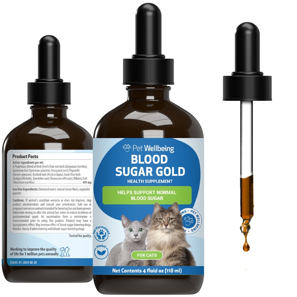 Pet Wellbeing Blood Sugar Gold Cats - Holistisk Blood Sugar Support, Pancreas & Liver Health, Gymnema, Fenugreek & Devil 's Club - NASC Certified & Vet- Formuleret - 4 oz Liquid
