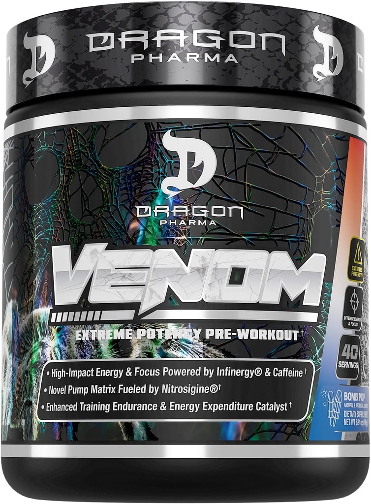 DRAGON PHARMA Venom Extreme Potency Pre- Workout, Laser Sharp Focus + Energy, Intense Performance, Proven Ingredienser til forbedret vasodilation & Endurance (40 Servere, Bomb Pop)
