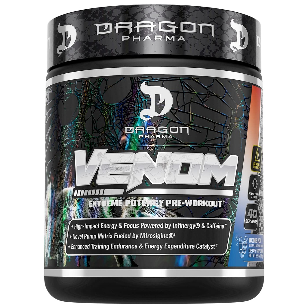 DRAGON PHARMA Venom Extreme Potency Pre- Workout, Laser Sharp Focus + Energy, Intense Performance, Proven Ingredienser til forbedret vasodilation & Endurance (40 Servere, Bomb Pop)