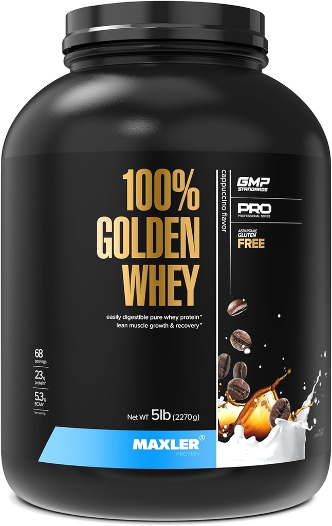 Maxler 100% Golden Whey Protein - 23g protein per servering - Premium Whey Protein Powder for Pre Post Workout - Fast- Absorbing Whey koncentrat, Isolate & Hydrolysate Blend - Cappuccino 5 LB
