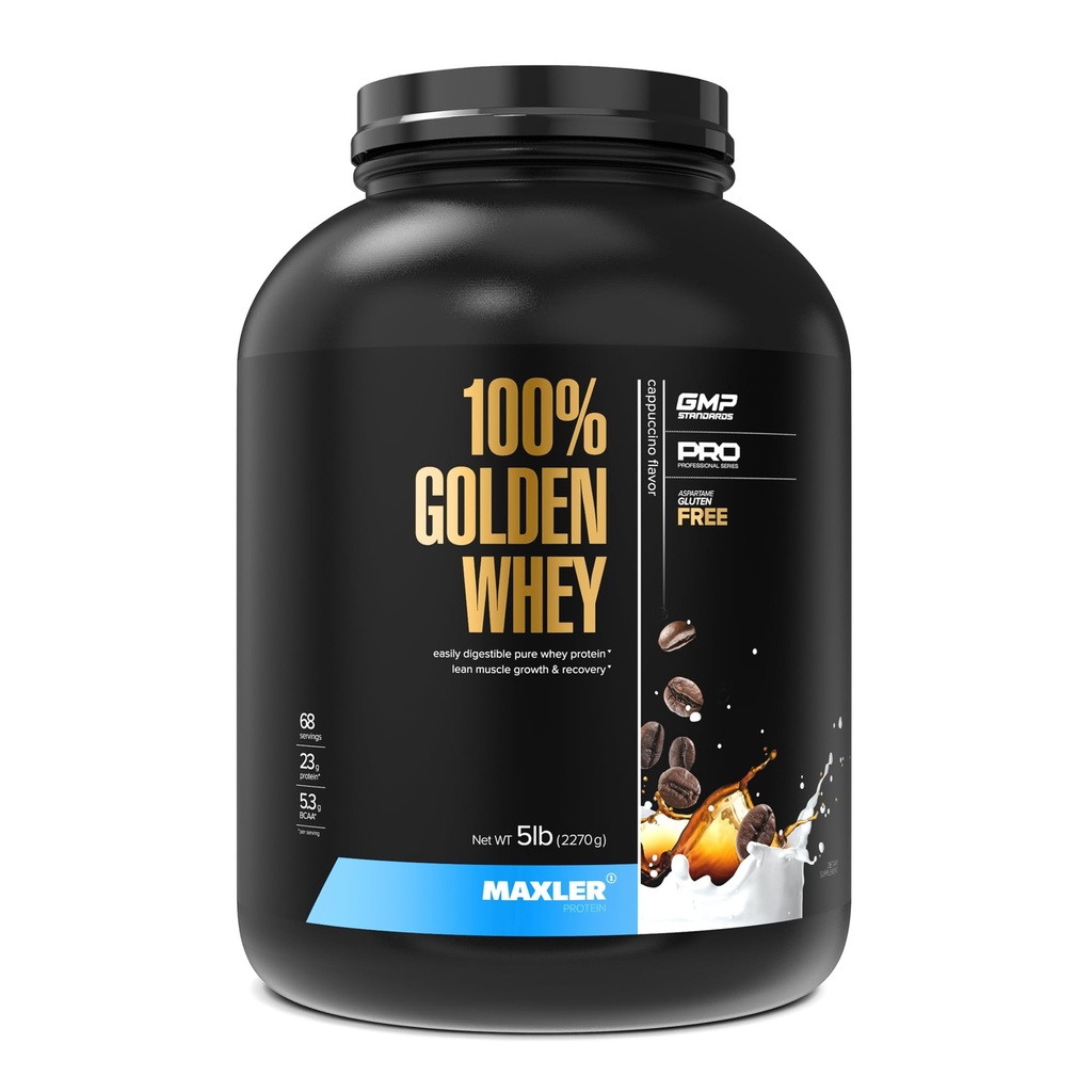 Maxler 100% Golden Whey Protein - 23g protein per servering - Premium Whey Protein Powder for Pre Post Workout - Fast- Absorbing Whey koncentrat, Isolate & Hydrolysate Blend - Cappuccino 5 LB