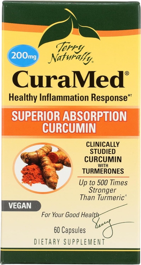 Terry naturligt CuraMed 200 mg - 60 Vegan Softels - Superior Absorption BCM- 95 Curcumin Supplement, fremmer sund inflammation reaktion - Non-GMO, Gluten- Free, Kosher - 60 Servere