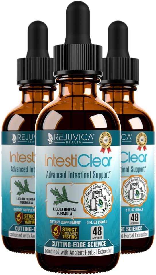 Rejuvica Health IntestiClear - Avanceret Intestinal Rengøring støtte til mennesker - All- Herbal flydende formel for hurtig absorption - Bonus Leverstøtte - Wormwood, Black Walnut, Ingefær og mere
