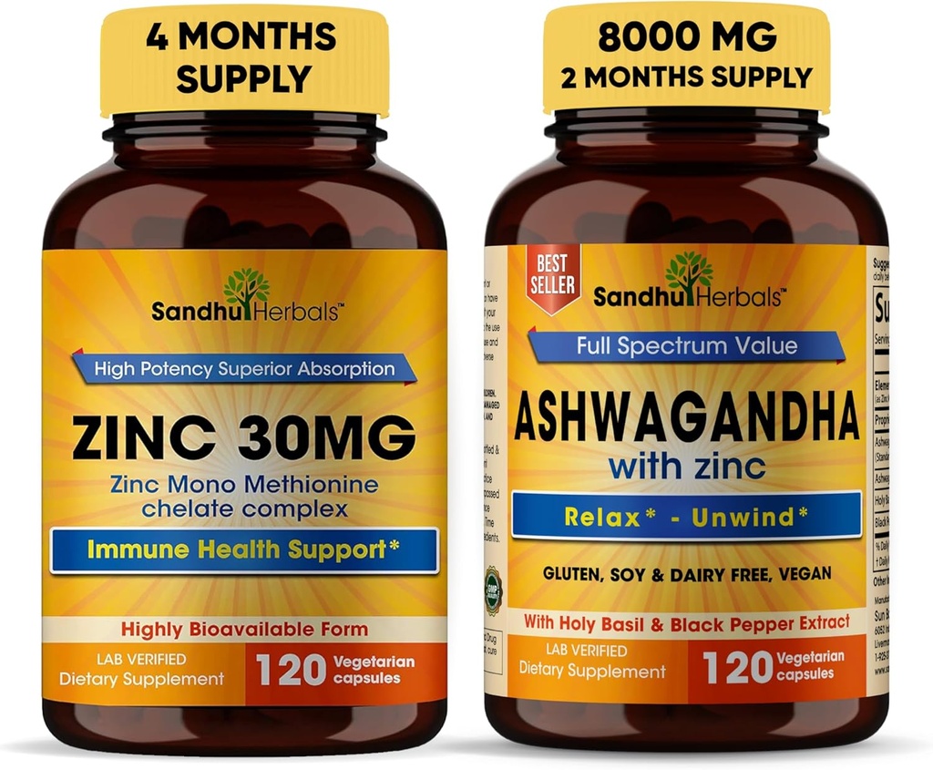 Sandhu Herbals Zinc 30mg Supplement and Organic 4 in 1 Ashwagandha Capsules with Zinc| Supports Healthy Skin, Immune System| Non-GMO