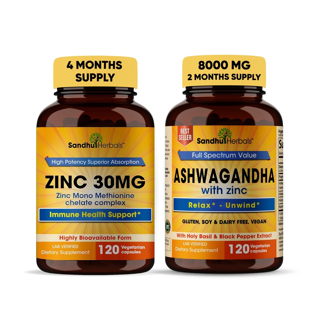 Sandhu Herbals Zink 30mg tillæg og Organic 4 i 1 Ashwagandha kapsler med Zink124; Understøtter sund hud, immunsystem