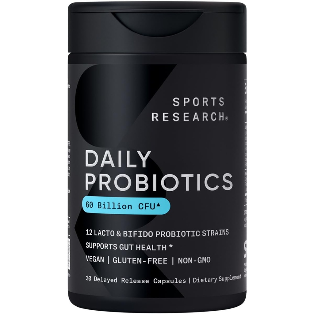 Sports Research Daily Probiotika med Prebiotika, 60 Millioner CFU - Veganske kapsler til Gut Health & fordøjelsesstøtte, Probiotika til kvinder & mænd - Non- GMO Verified & Gluten Free - 30 Greve