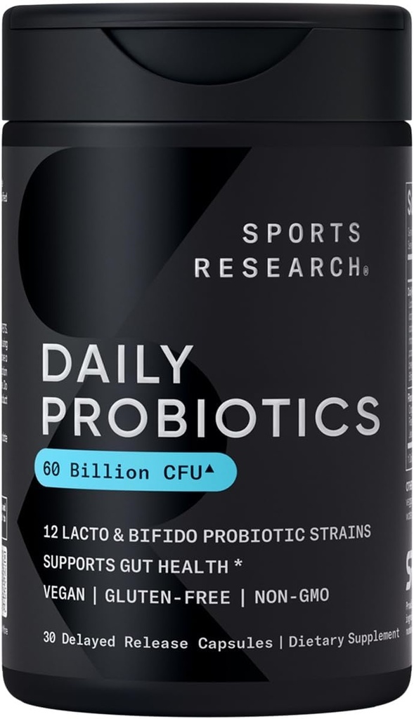 Sportsforskning Daglig Probiotik med Prebiotika, 60 Millioner CFU - Veganske kapsler til Gut Sundhed & fordøjelsesstøtte, Probiotika til kvinder & mænd - Non- GMO Verified & Gluten Free - 30 Greve