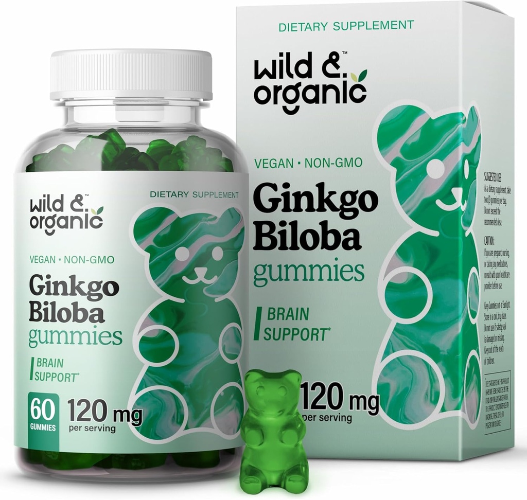 Wild & Organic Gingko Biloba 120mg Gummies - Brain Support and Focus Supplement w / Ginkgo Biloba Extract - Vegan, Non- GMO - 60 Pectin- baserede urtete