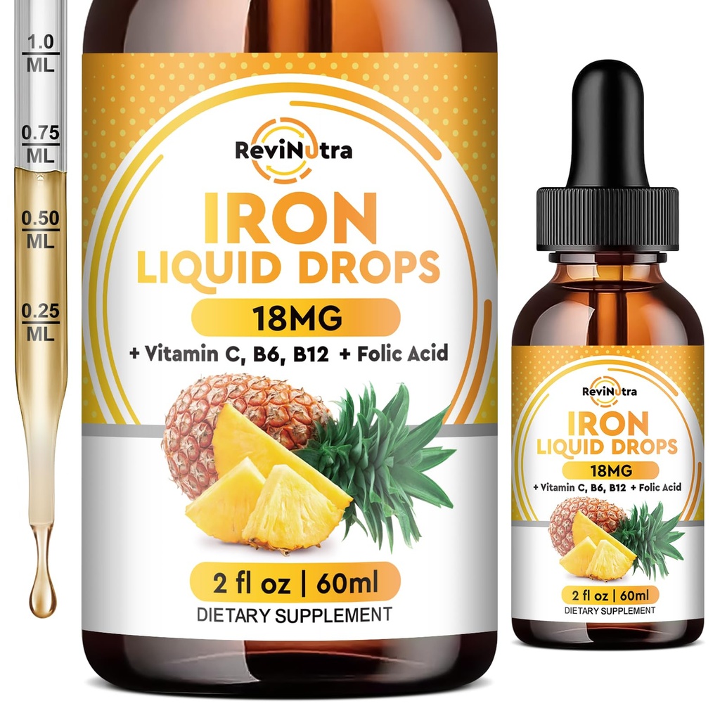 Flydende jerntilskud til kvinder, mænd & børn, flydende jerndråber med folat, C-vitamin, B6, B12 for anæmi, Red Blood Cell, Energy Support, Pineapple Flavor, 2 Fl Oz