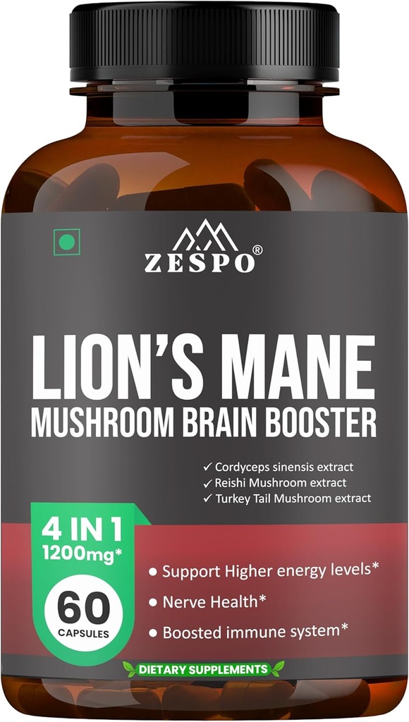 Lions Mane Mushroom Complex - 1200mg Brain Supplement til hukommelse, Focus & Clarity med Reishi & Cordyceps Sinensis - 60 kapsler