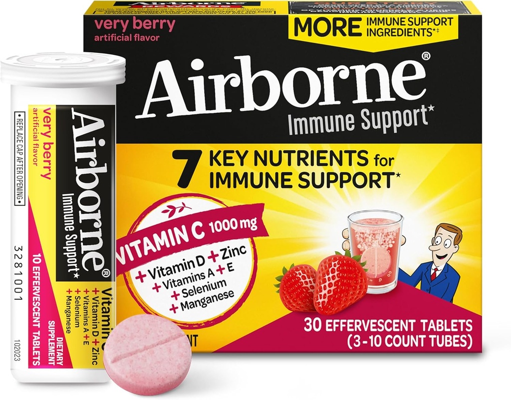Airborne 1000mg C-vitamin med D-vitamin & zink, sukkerfri multivitamin immuntilskud, antioxidanter Vitaminer A C & E, 30 Effervescent tabletter, meget berry flavor