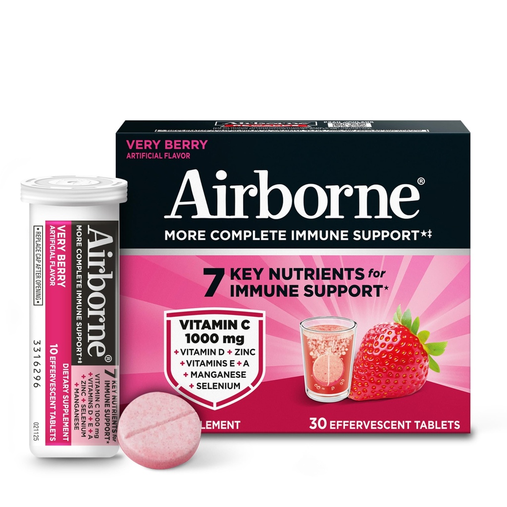 Airborne 1000mg C-vitamin med D-vitamin + Zinksukker Free Multivitamin immunforsvar Effervescent Fizzy drik tabletter, meget berry flavor med stærke antioxidanter VIT A C & E, 30 tabletter