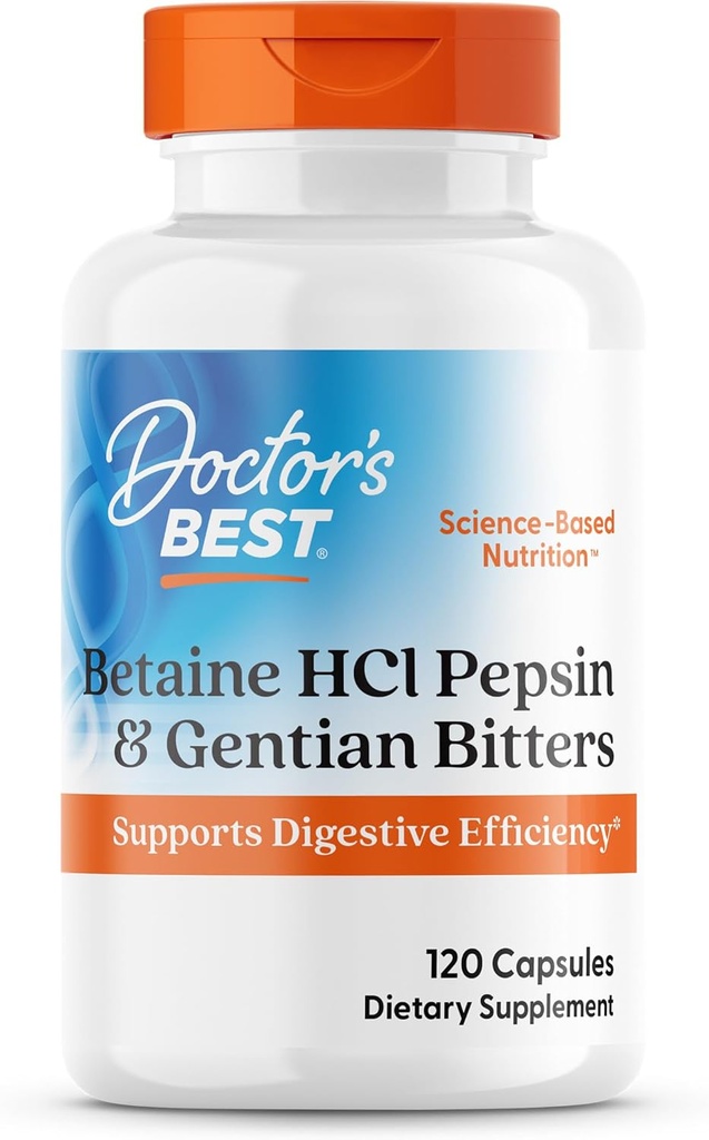 Doctor 's Best Betaine HCI Pepsin & Gentian Bitters, Digitale Enzymer for Protein Opdeling & Absorption, Non- GMO, Gluten Free, 120 Caps, Original version