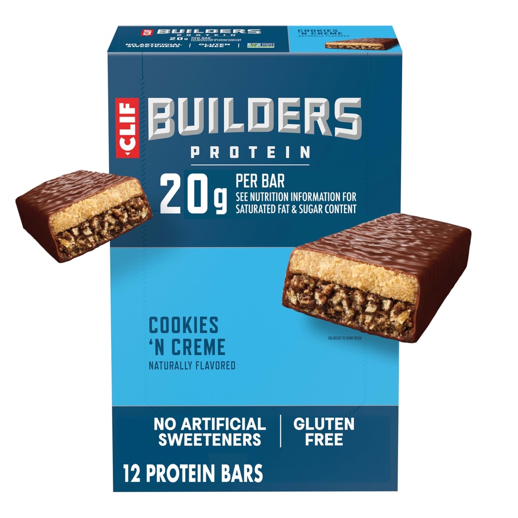 CLIF BUILDERS Protein Bars - Cookies 'n Cream Flavor - 20g Plant Based Protein - Gluten Free - Non-GMO - Lav Glycemisk - Ingen kunstige sødestoffer - 2.4 oz. (12 Pack)