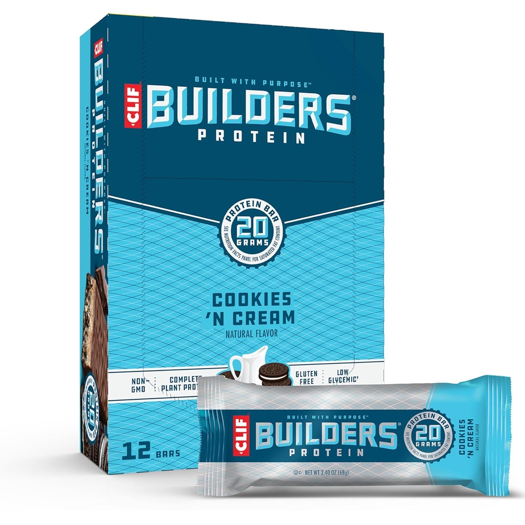 CLIF BUILDERS Protein Bars - Cookies 'n Cream Flavor - 20g Plant Based Protein - Gluten Free - Non-GMO - Lav Glycemisk - Ingen kunstige sødestoffer - 2.4 oz. (12 Pack)