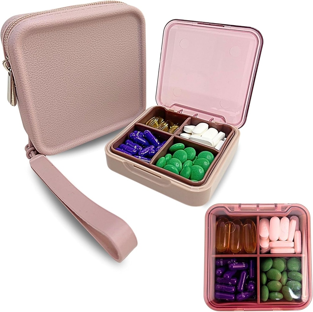 Pink- Lille Pill Case med Silicone Pill Pouch, 4 Segment Pill Organizer, Zipper Pill case, Lille Pill Box til purse, Sturdy Hænge, Multi Formål, til vitaminer og kosttilskud, BPA Free