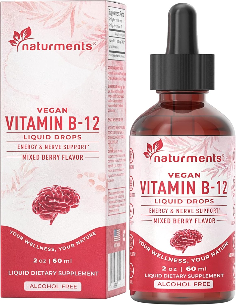 Naturprodukter Vitamin B12 5000 mcg Organic Liquid Drops: Energi & Nerve Support - Vegansk Alkohol fri, Non- GMO, Sukker fri 2 Fl Oz