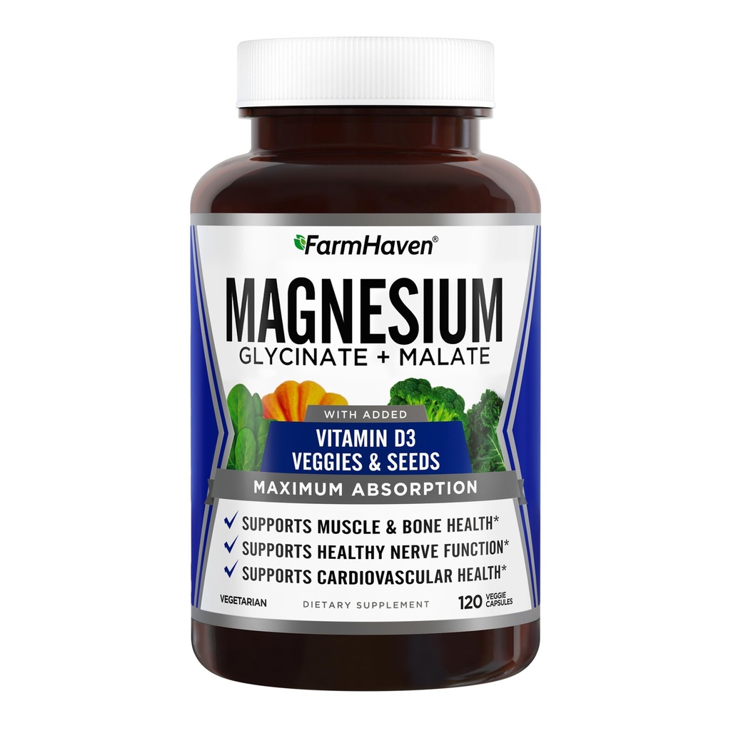 FarmHaven Magnesium Complex - Magnesium Glycinate & Malate w / D3- vitamin, 100% Chelated for Max Absorption, Vegetar - Knoglesundhed, nerver, Muskler, 120 Kapsler, 60 dage