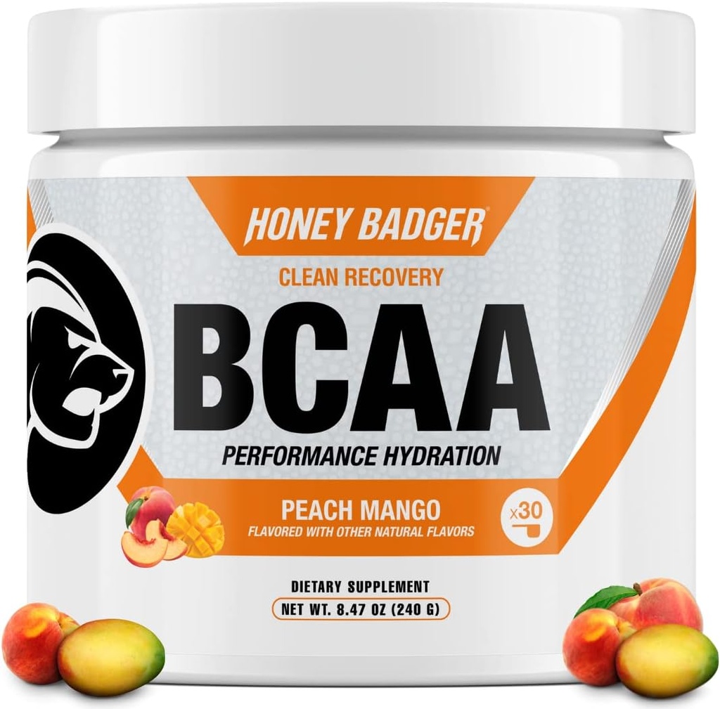 Honey Badger BCAA + EAA Aminosyrer Pulver, BCAAs + L- Glutamin, Keto, Vegan, Sukker fri for mænd og kvinder, Hydration & Post Workout Muscle Recovery Drink Mix, Peach Mango, 30 Servere