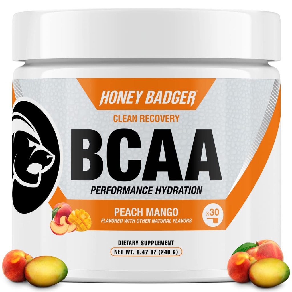 Honey Badger BCAA + EAA Aminosyrer Pulver, BCAAs + L- Glutamin, Keto, Vegan, Sukker fri for mænd og kvinder, Hydration & Post Workout Muscle Recovery Drink Mix, Peach Mango, 30 Servere