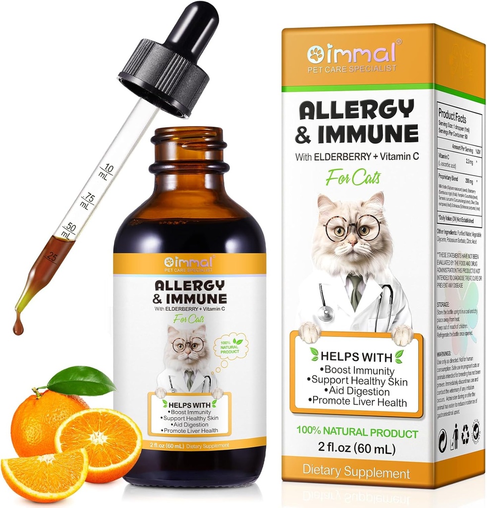 Allergi Relief Drops til katte, Kat Allergi Immunbooster Behandling for sæsonbetinget allergi & fordøjelsesbesvær, Sund lever & immunsystem, Kat Herb supplement med C-vitamin, kylling flavor - 60ml / 2fl.oz