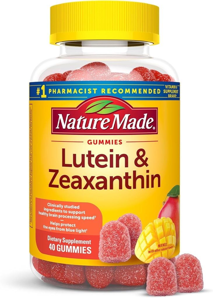 Nature Made Lutein & Zeaxanthin Gummies, Eye and Brain Supplement, 40 Vegansk Gummies, 20 dages forsyning