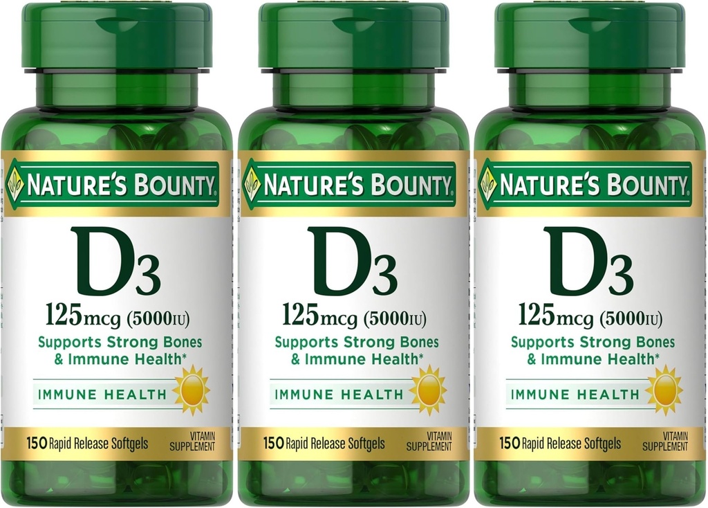 Nature 's Bounty Vitamin D3 125 mcg- 5000 IE Softgel, maksimal styrke 150 ea (pakning med 3)