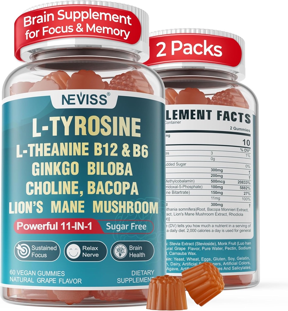 11-IN-1 Brain Supplement for hukommelse og fokus med L-Tyrosine L-Theanine, Methylerede B12 & B6, Lions Mane Mushroom, Ginkgo Biloba, Bacopa Monnieri, Cholin for Focus, Nootrop, Energy, 2Packs