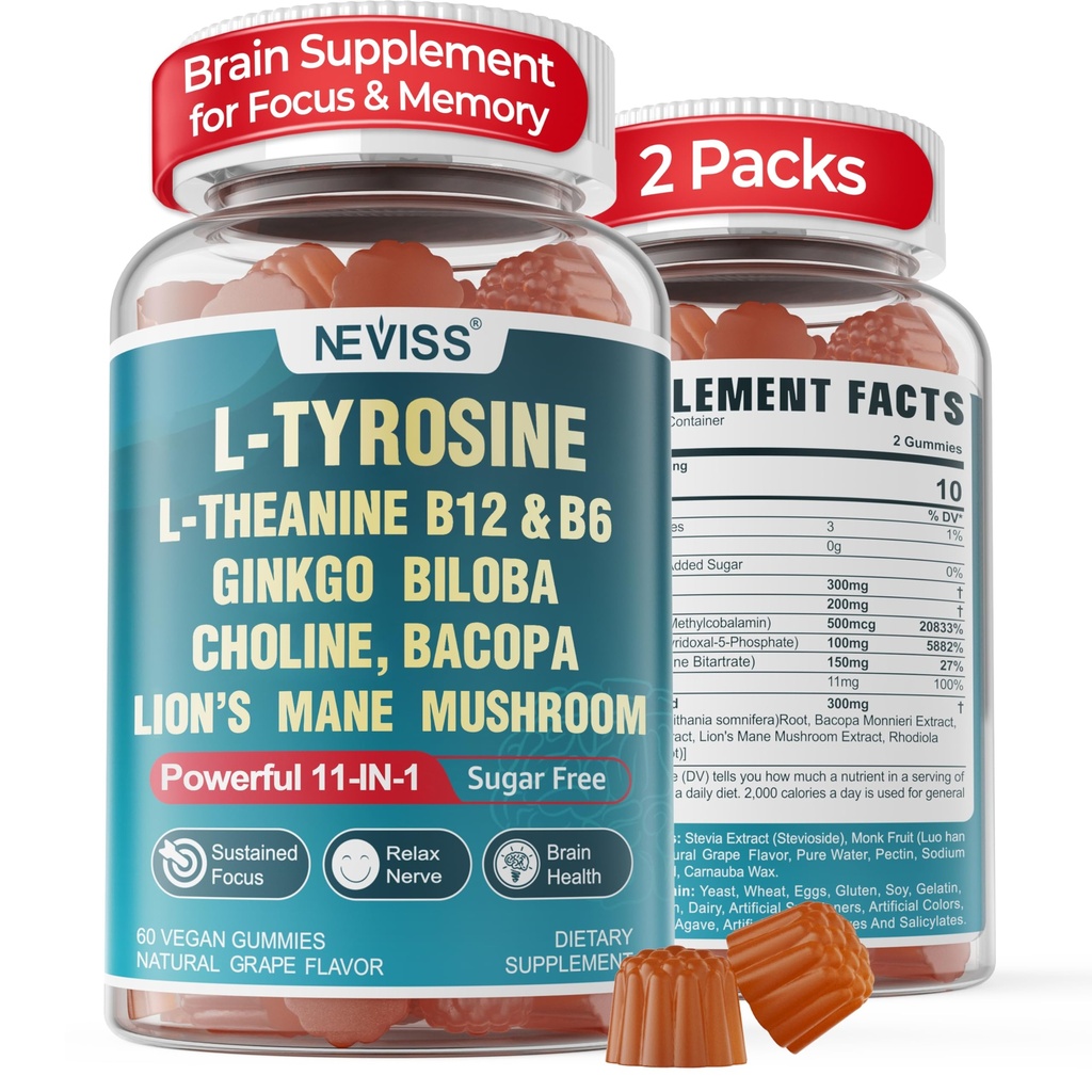 11-IN-1 Brain Supplement for hukommelse og fokus med L-Tyrosine L-Theanine, Methylerede B12 & B6, Lions Mane Mushroom, Ginkgo Biloba, Bacopa Monnieri, Cholin for Focus, Nootrop, Energy, 2Packs