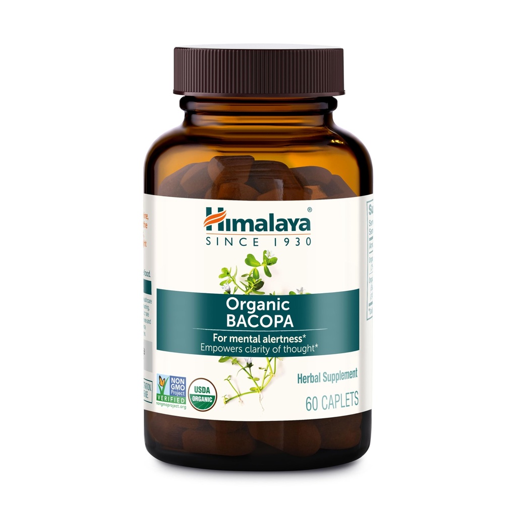 Himalaya Bacopa Monnieri Nootrop Herbal Supplement, understøtter rolig, hukommelse, kognition, USDA Certified Organic, non-GMO, 750 mg, 60 Plantbaserede caplets, 60 Day Supply