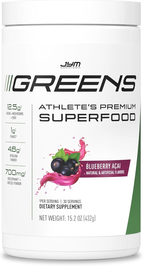 JYM Greens Super Food Powder for Performance, Blåbær Acai, Spirulina, Svampe, Vitaminer, Broccophane & Broccoli, Mænd & Kvinder, 30 Servere
