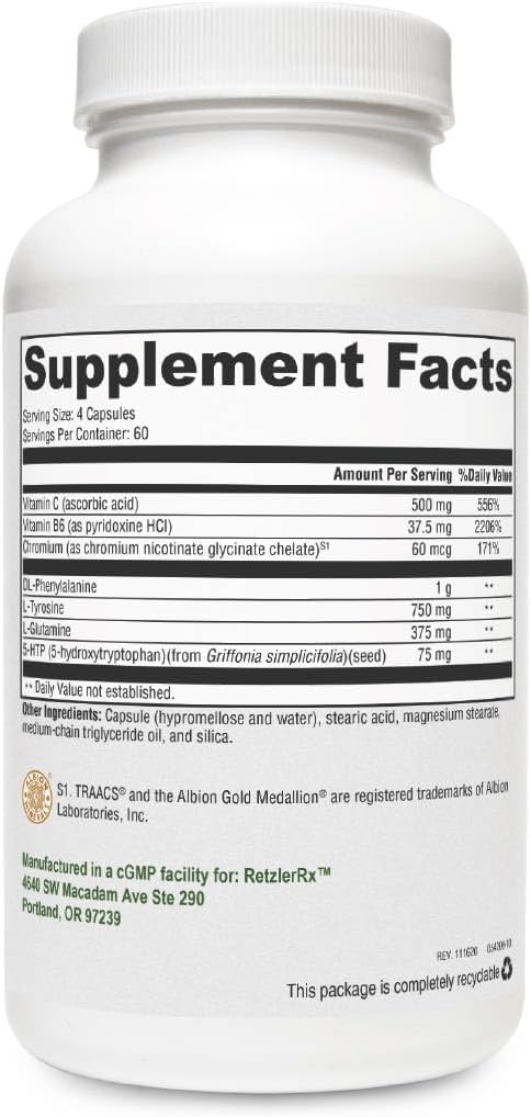 Crave Control af RetzlerRx - Støtte til at hjælpe Curb Appetite og Combat Cravings - Chrom, DL- Phenylalanin, L- Glutamin, B6-vitamin + 5-HTP for Mood & Appetite Support (240 kapsler)