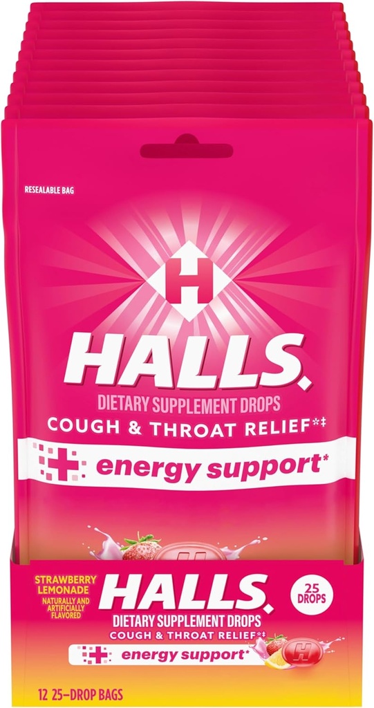 HALLS Relief + energistøtte, Strawberry Lemonade Hough Drops, 12 poser med 25 dråber (300 Total Drops)