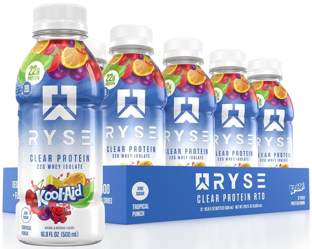 RYSE Clear Protein Drink - Kool- Aid Tropical Punch - 100 kalorier, 22g Whey Isolate Protein Shake, Sugar- Free, 0g Fat & Lactose- Free - Genopfriskning Ready- to- Drikke - 16,9 fl oz Flasker (12- Pack)