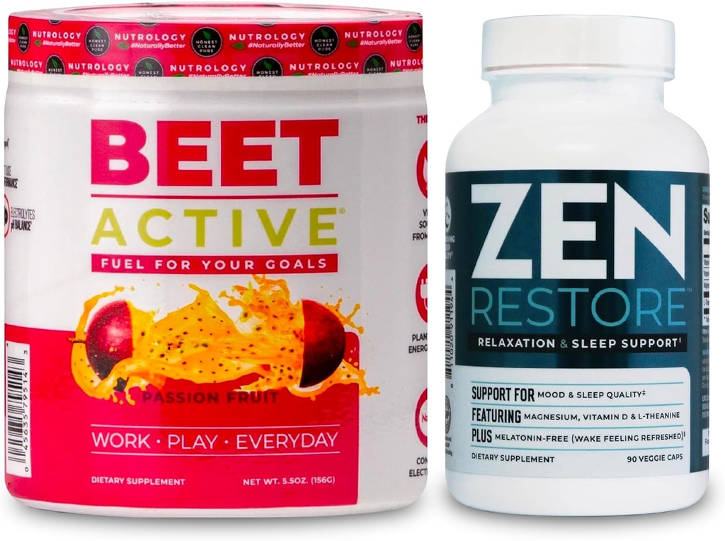 Nutrology Beet Active, Natural Pre-Workout Powder, Passion Fruit Flavor (30 Servings) Zen Natural Magnesium Supplement (30 Servings)