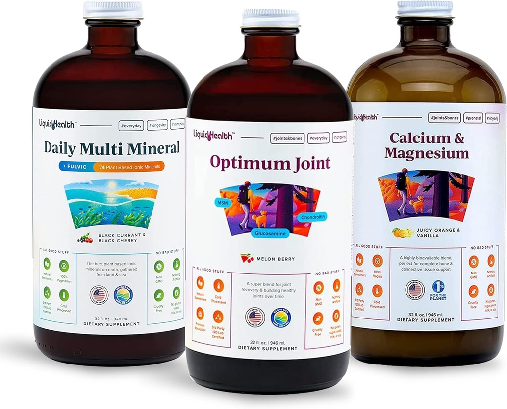 LIQUIDHealth Muscles, Bones, & Joints Flydende Vitamin Bundle med Daily Multi Mineral, Optimum Fælles Væske Glucosamin, og Calcium & Magnesium Kosttilskud - Bone & fælles sundhed, Vegan, Non- GMO